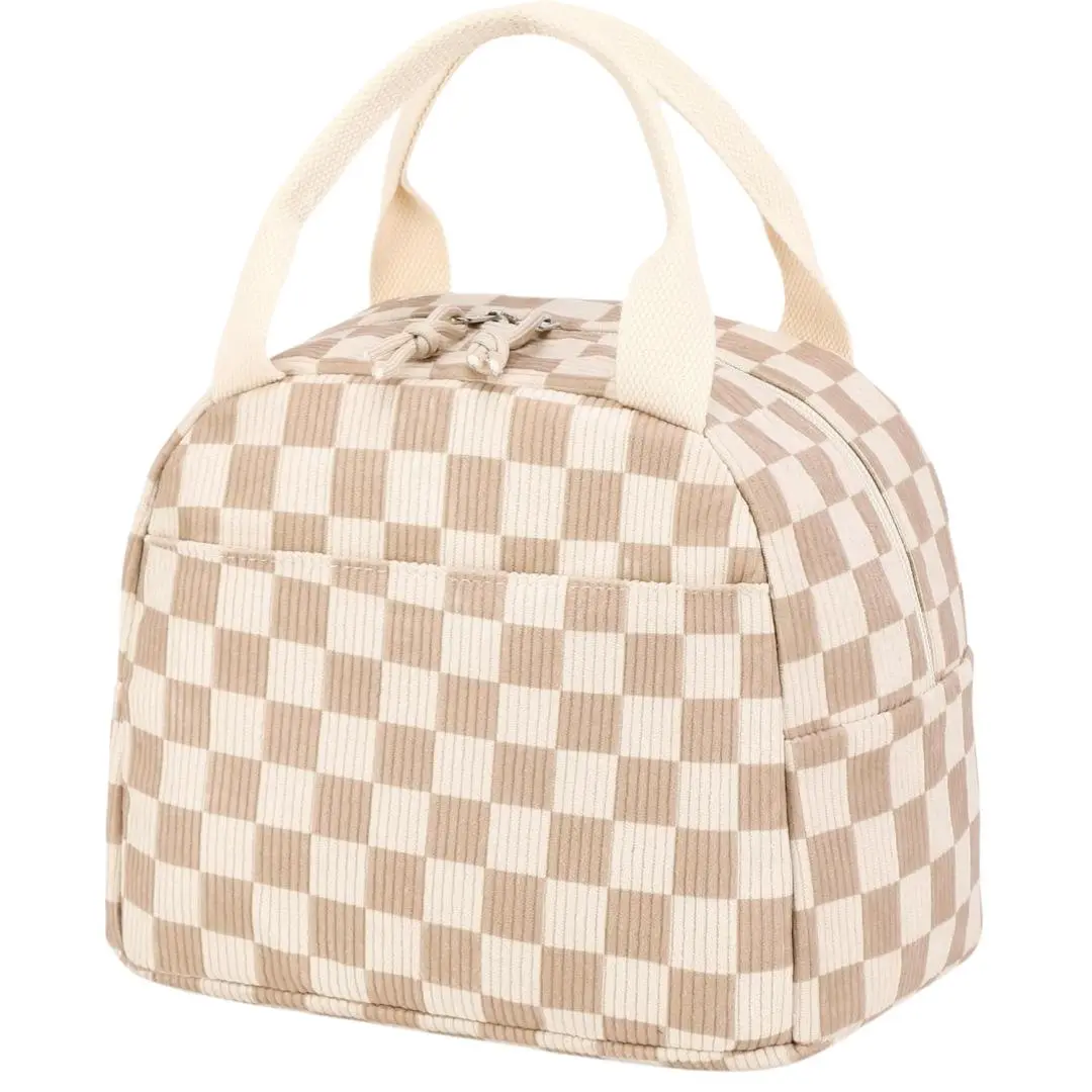 Strawberry Plaid Pattern Lunch Bags, 1 Piece Reusable Lunch Bag with Handle, Portable Lunch Box Storage Bag for Work & School, Durable Lunch Bag, Lunch Bags Women