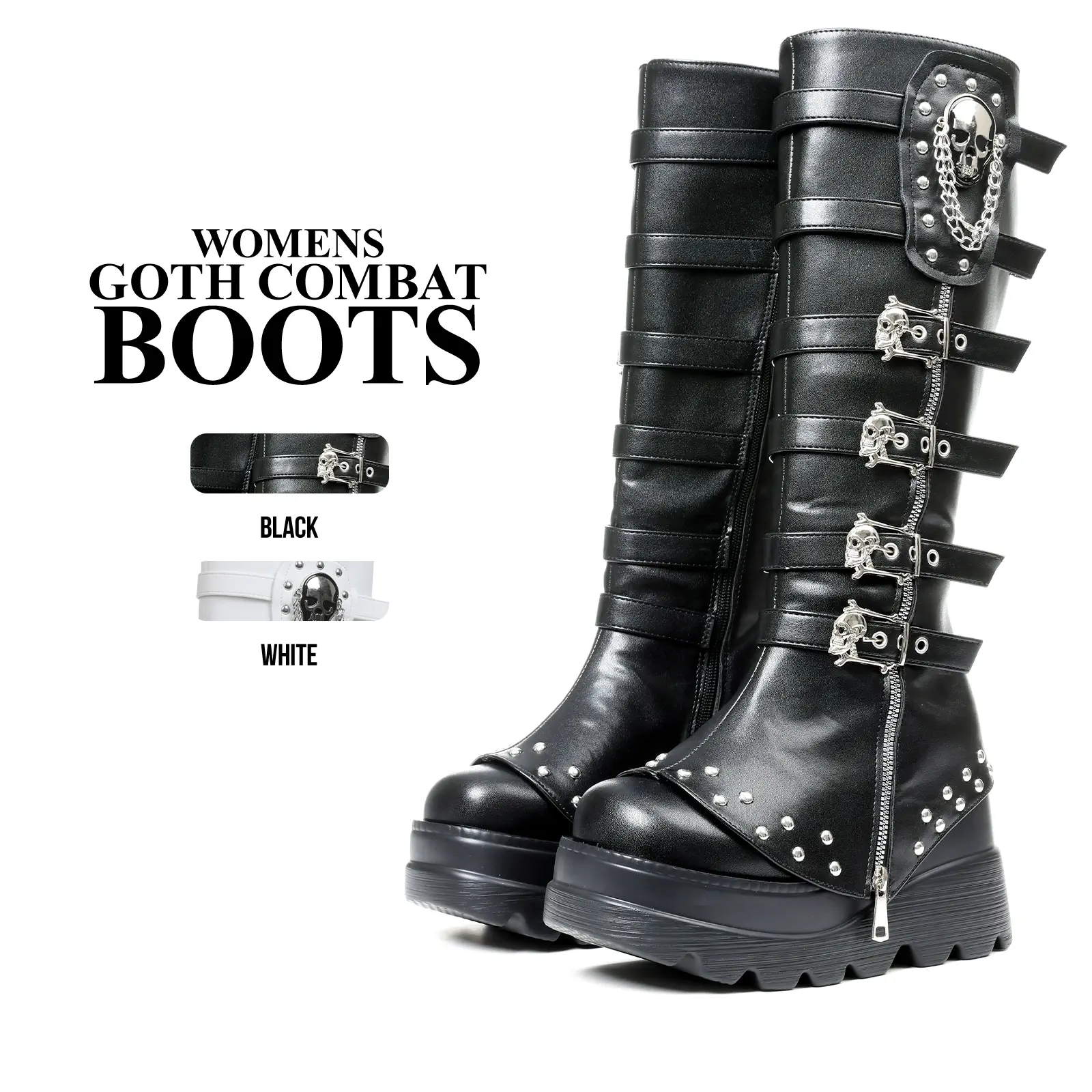CYNLLIO Womens Punk Style Knee High Boots Round Toe Platform Wedge Heels Side Zipper Buckle Rivet Chain Pull On Fashionable Stud Comfortable Party Outing Casual Summer Goth Boot