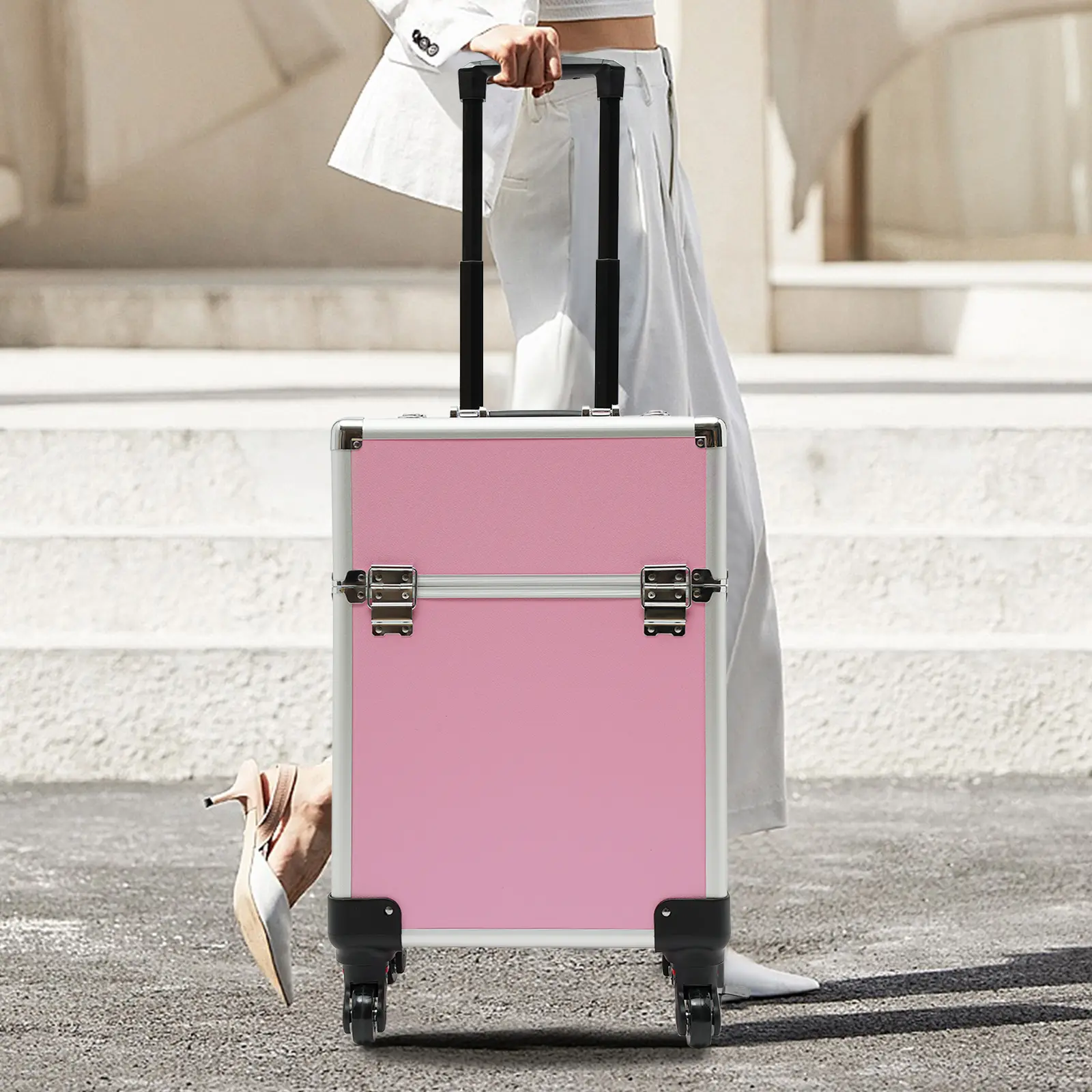 CNCEST Chic Vintage Rectangular 4-Tier Rolling Makeup Train Case - Aluminum Alloy & ABS Travel Cosmetic Organizer, Lockable Latch, Foam Compartments, Built-In Dividers, Top Single Handle, Wheels, for Makeup Artists & Wedding Use, Pink, Built-In Lock Cylin