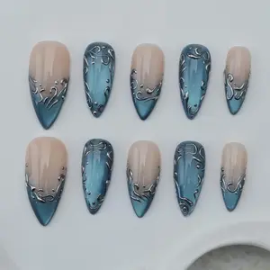 Blue Cat Eye Press On Nails: Party Gel Nail Art