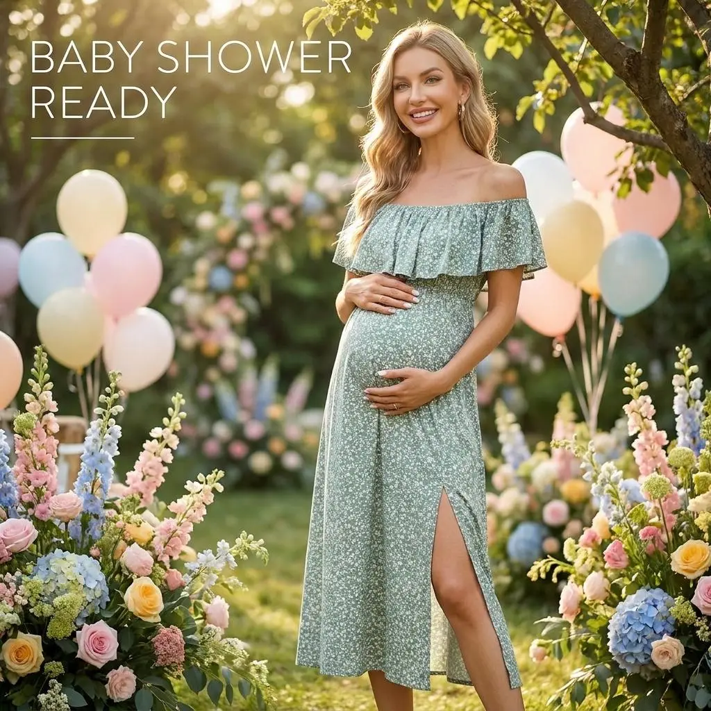 Limited-time clearance sale Yesfashion Women's Maternity Off-Shoulder Ruffle Split Maxi Dress - 100% Rayon Soft Flowy Loose-Fit Boho Summer Casual Dress for Beach Vacation, Party vacation wear elegant women