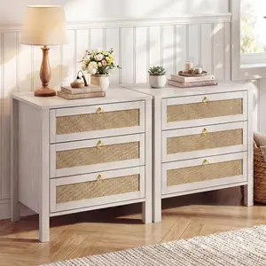 Modern Rattan Nightstand with 3 Drawers, Wooden Bedside Table with Golden Handle, End Side Table for Bedroom, Living Room