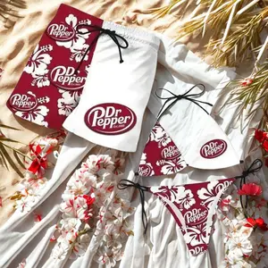 Dr Pepper Floral Matching Couples Swimwear Set with Iconic Beverage Graphics Adjustable Womens Tie Side Thong Bikini & Mens Beach Swim Shorts Hawaiian Style Summer Vacation Beachwear