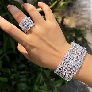 Light Luxury 5A Zircon Full-Diamond Wide Band Bracelet & Ring Set, Adjustable Design, Suitable for Weddings, Banquets, Parties, and Birthdays.