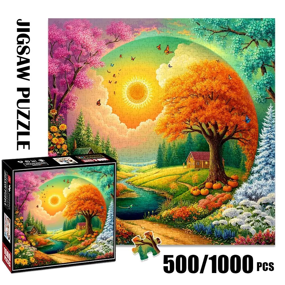 1pc 1000 piece adult Jigsaw puzzle 58x58cm Sunny Scenic Landscape with Trees, Houses, Flowers and Butterflies 500 pieces of paper puzzle, suitable for adults and families, large-scale DIY puzzle interacti Crafts
