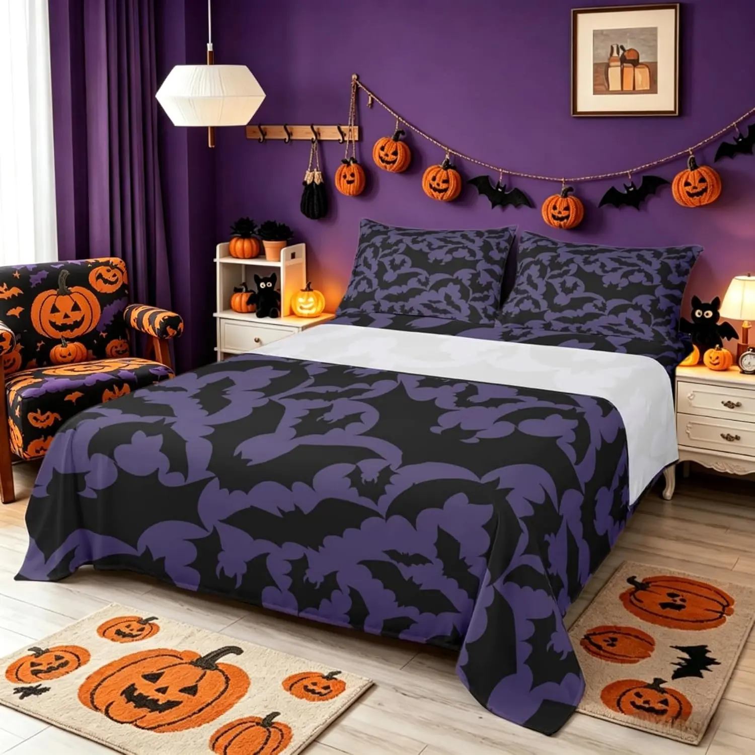 Halloween Themed Bed Sheet Set Black Bats Animal Print Fitted Sheet + 1 Flat + 1 Pillow Sham,Dark Purple Color Bed Mattress Cover for Kids Boys Xmas Gift,Ultra Soft