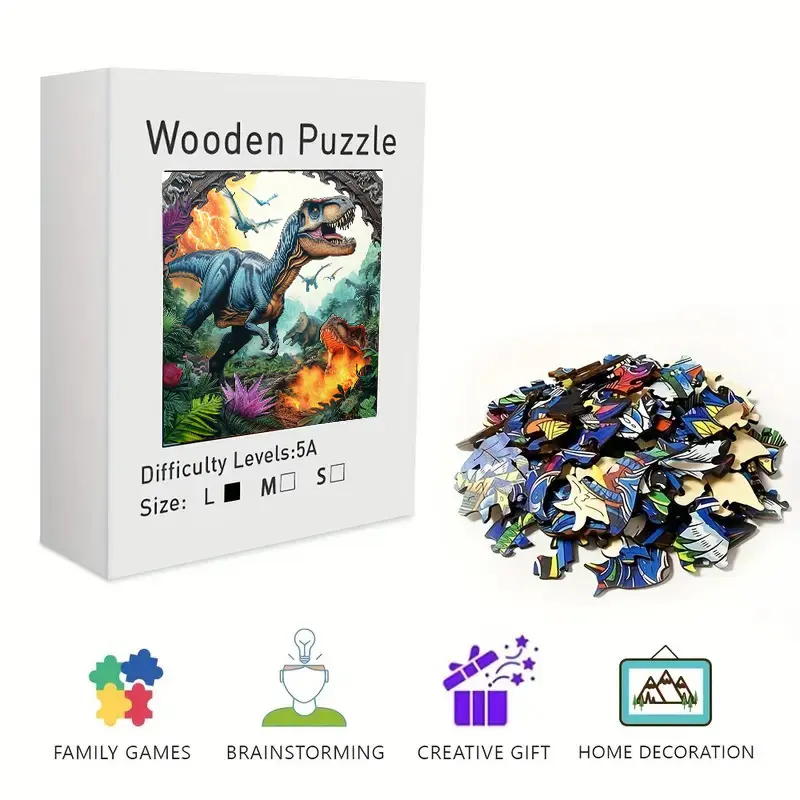 Wooden Jigsaw Puzzle for Adults & Kids - Unique Irregular T-Rex Dinosaur Prehistoric Jungle Puzzle, Challenging Brain Teaser, Artistic Home Decor Wall Art & Desk Ornament, Perfect for Stress Relief & Time Killing