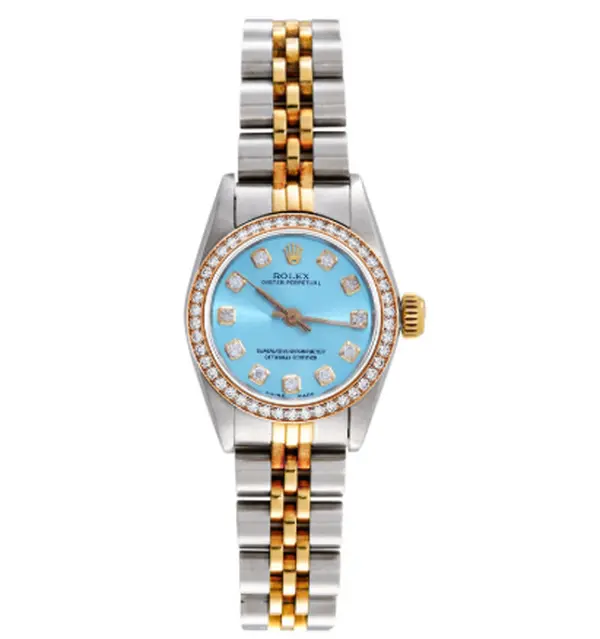 Rolex Oyster Perpetual 67193 26mm Automatic Ice Blue Dial Two-Tone Stainless Steel & 18K Gold Ladies Watch with Aftermarket Diamond Bezel WHT032165