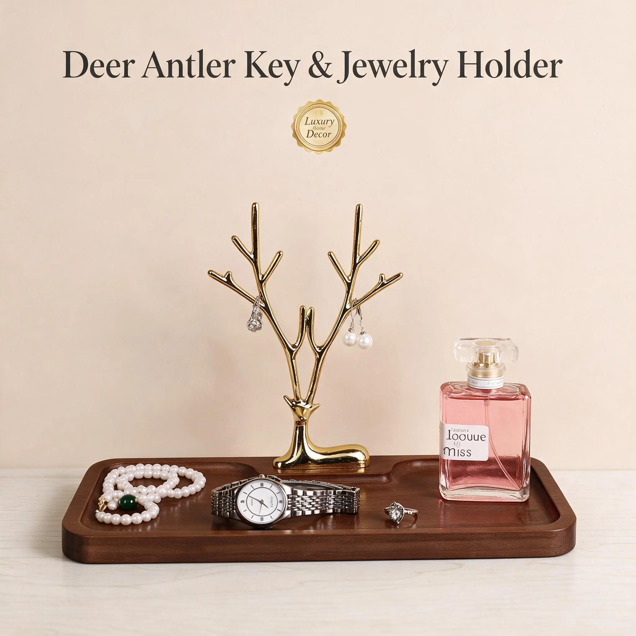 Deer Antler Key Holder with Wood Tray, Gold Jewelry Organizer Rack for Entryway, Decorative Key Hook & Vanity Tray for Watch Perfume Coins Rings Necklaces, Entryway Organizer for Home Office, Walnut