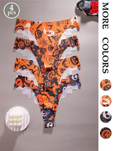 Halloween Themed Seamless Panties Set, Pumpkin/ghost Print Women's Triangle Underwear, Comfortable Fit, Perfect for Party & Festival
