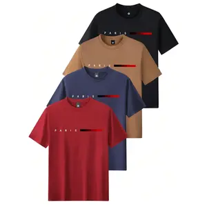 Paris Letter Print T-Shirt 4-Pack Men's Short Sleeve Crewneck Tee for Casual Wear, Running, Golf, and Commuting, Trendy Versatile Summer Top, Black Coffee Blue Red Colors, Streetwear Style Shortsleeve Stylish