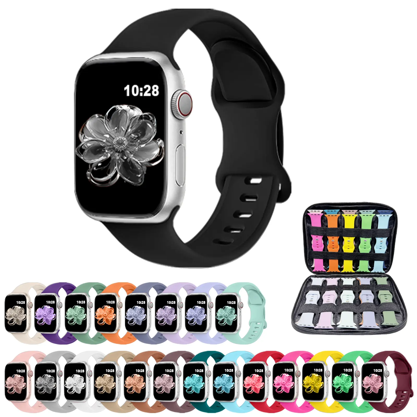 24 Pack Silicone Watch Bands with Storage Box, Compatible with Apple Watch 38mm 40mm 41mm 42mm, Soft Waterproof Sport Straps for Men Women replacement fashion siliconewatch series