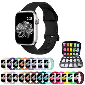 24 straps with storage design, compatible with Apple Watch sport bands 38mm/40mm/41mm/42mm. Waterproof, durable and soft silicone straps, unisex for women and men; silicone straps with storage box.