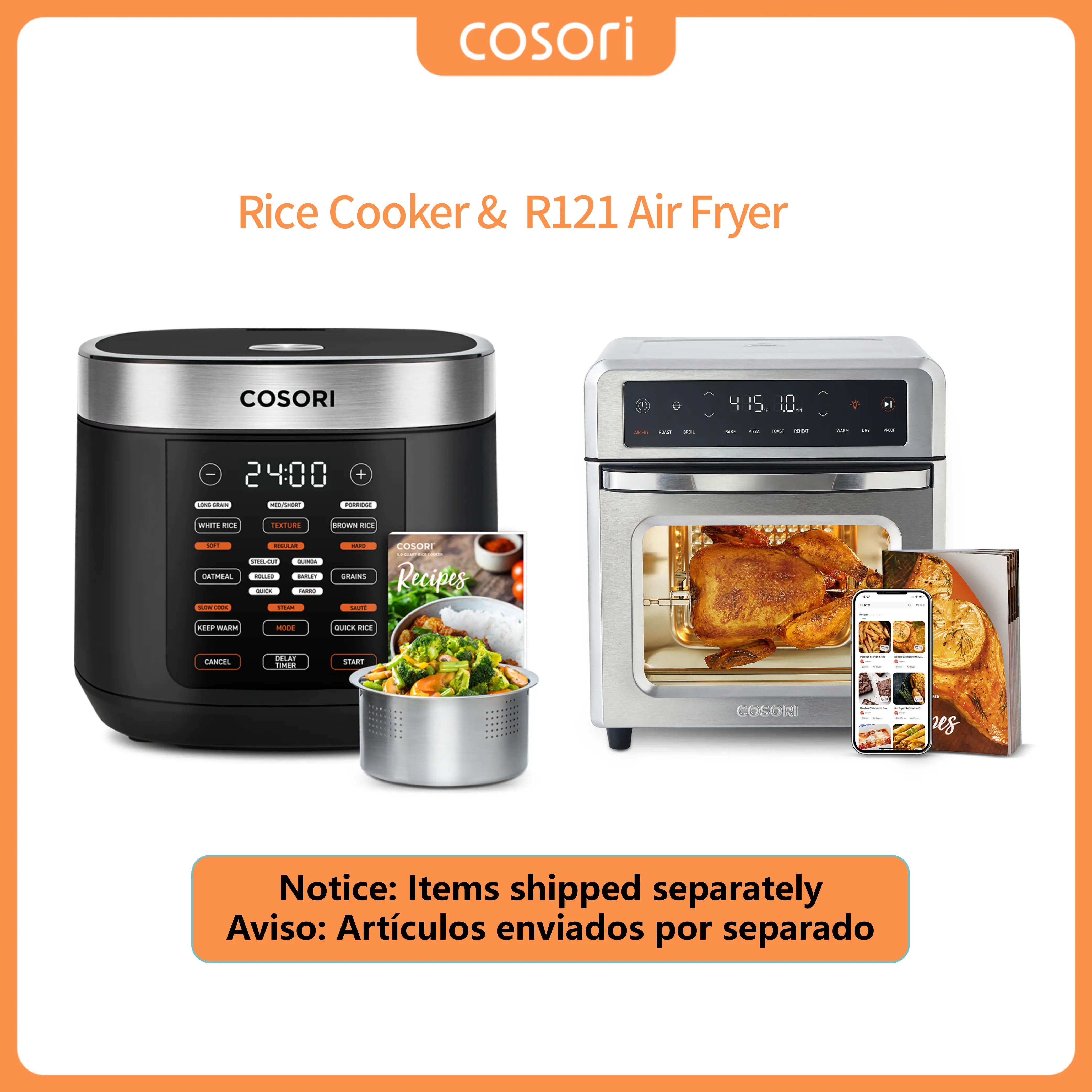 COSORI Kitchen Appliance Bundle: R121 13Qt 11-in-1 Adjustable Temperature Air Fryer Oven + 5Qt 18-in-1 Multifunctional Cooker, 13qt capacity, 13.5"d × 13"w × 14.5"h, 15.4 lb, 1800w, DC Motor + VortexAir Technology