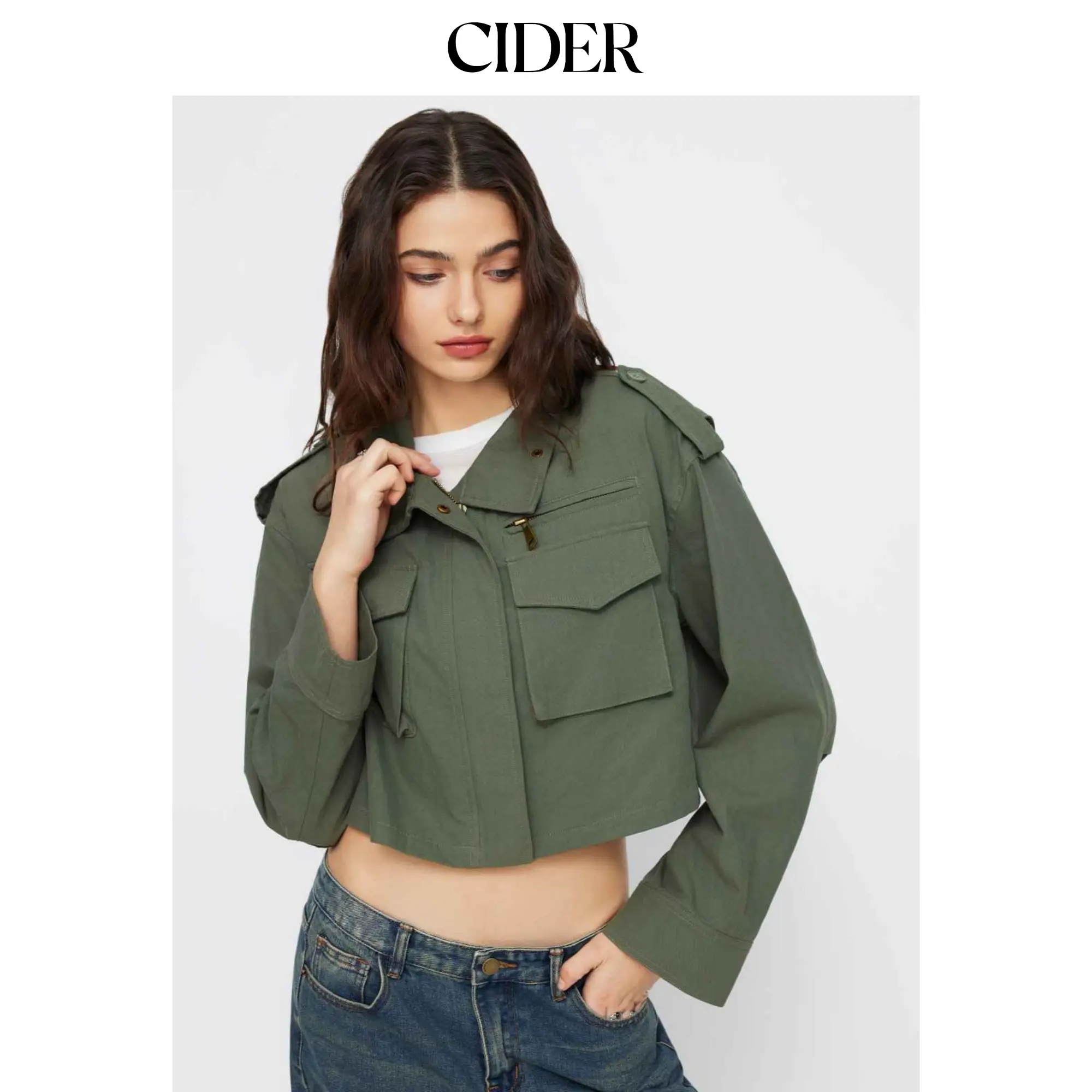 Cider Women's Casual Oversized Crop Jacket, Solid Long Sleeve Collared Outerwear with a Zip-Up Front