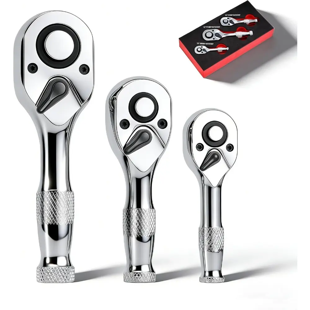3-Piece Stubby Ratchet Set, 1/4", 3/8", 1/2", 72-Tooth Mini Driver Ratchet Wrench Set, Chrome-Plating & Polishing, Quick-Release, EVA Environmentally Organizer
