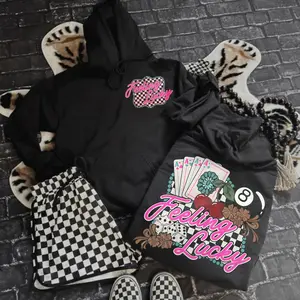 Feeling Lucky Western Retro Checkered Rodeo Hoodie, western clothing, western tops, western cowgirl stuff, punchy western wear, western outfits for women, country girl stuff clothing, graphic tees women, sweatshirts for women country girl clothes