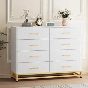 Modern White 8-Drawer Dresser & Chest of Drawers – Versatile Wooden Storage Solution with Metal Handles, Stylish Colors, and Gold Accents for Bedroom, Living Room, Hallway