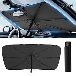 [Upgraded] CeesooiCar Windshield Sun Shade Umbrella - [Vinyl Coated Heat Shield] Blocks sunlight and heat damage, keeps the car cool, protects the interior, with spring-structured edge. sunshade