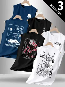 Men's Trendy Fashion Geometric Print Round Neck Sleeveless Vest Set, Casual Comfortable Top, Perfect for Summer Outdoor Fitness Wear
