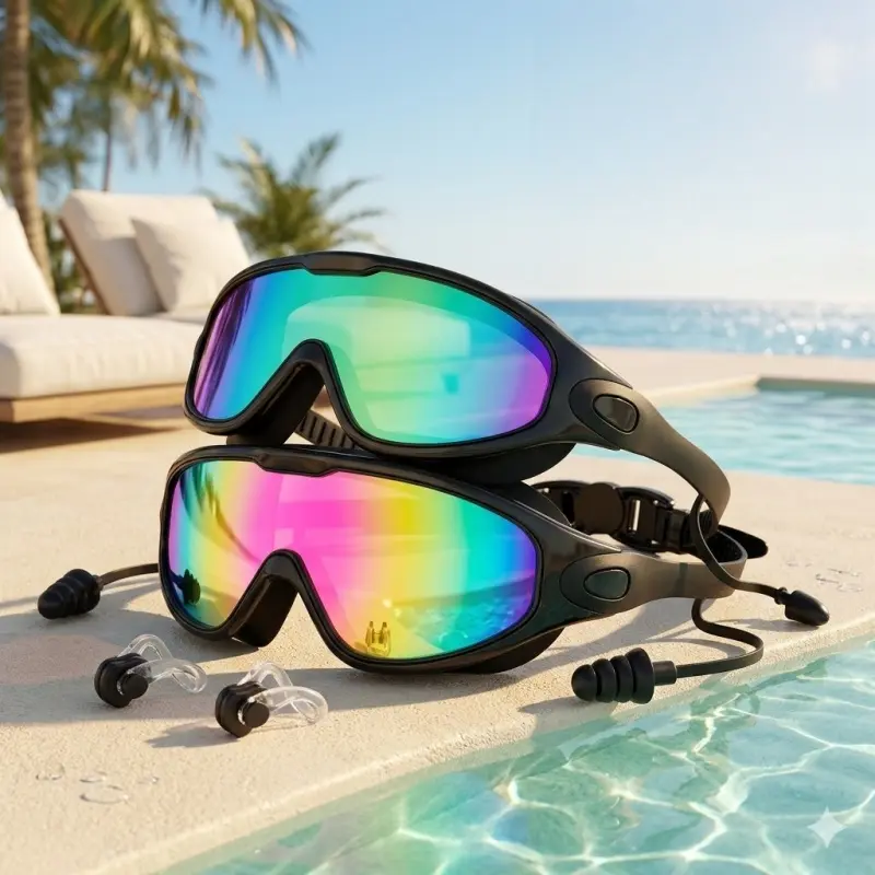 Outdoor Swimming Goggles - Premium Waterproof, Anti-Fog, UV Protection, Adjustable Strap, Colorful Mirrored Lenses with Earplugs for Adults & Kids