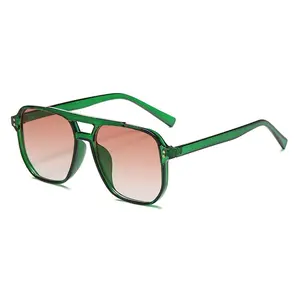 Transparent Green Double Bridge Aviator Sunglasses, Gradient Brown UV400 Lens Retro Square Trendy Streetwear Sun Glasses Unisex