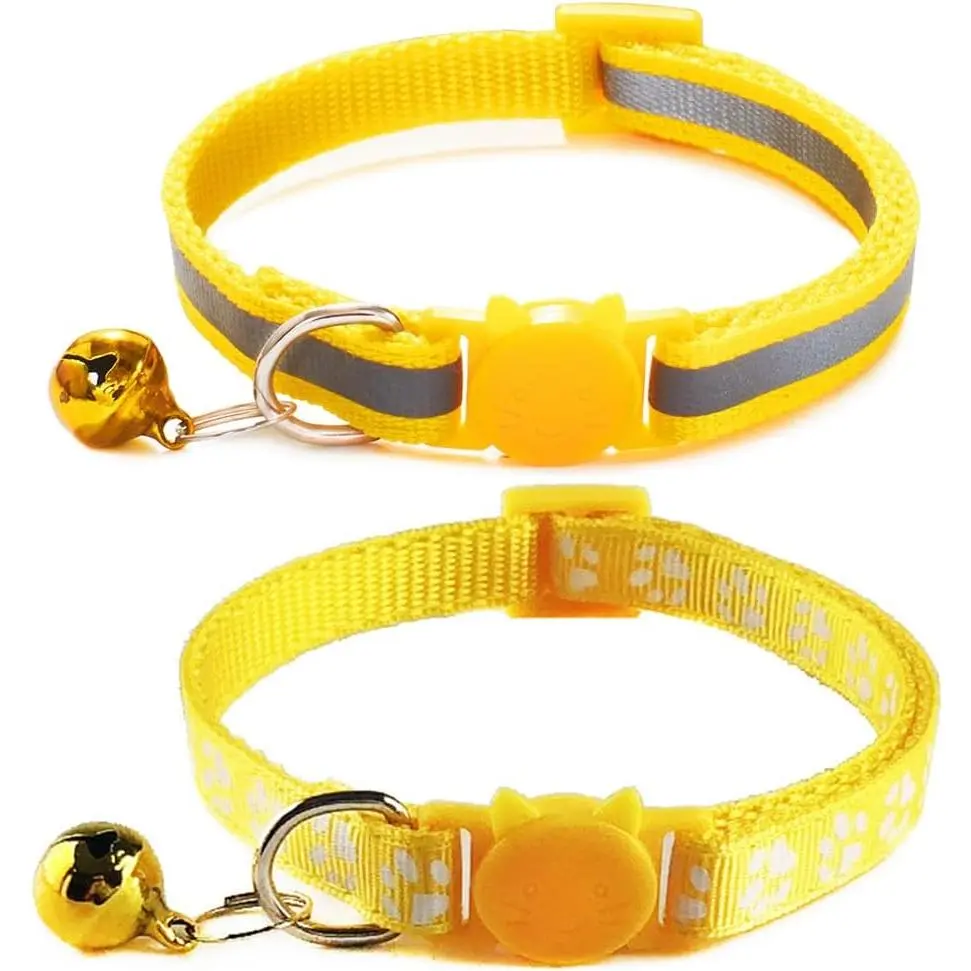 Reflective Breakaway Cat Collars with Bells, 2-Pack Adjustable 7.5-12.5 in Collars for Cats (Yellow)
