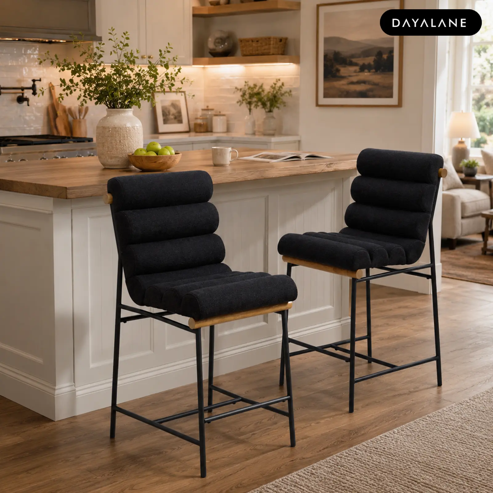 [BackToSchool]DAYALANE Modern Linen Counter Height Bar Stools Set of 2, Upholstered Kitchen Island Chairs with Metal Frame & Wood Accent, Mid Century Modern Barstools for Kitchen Island, Home Bar & Dining Room, Dining Chairs, Linen Fabric