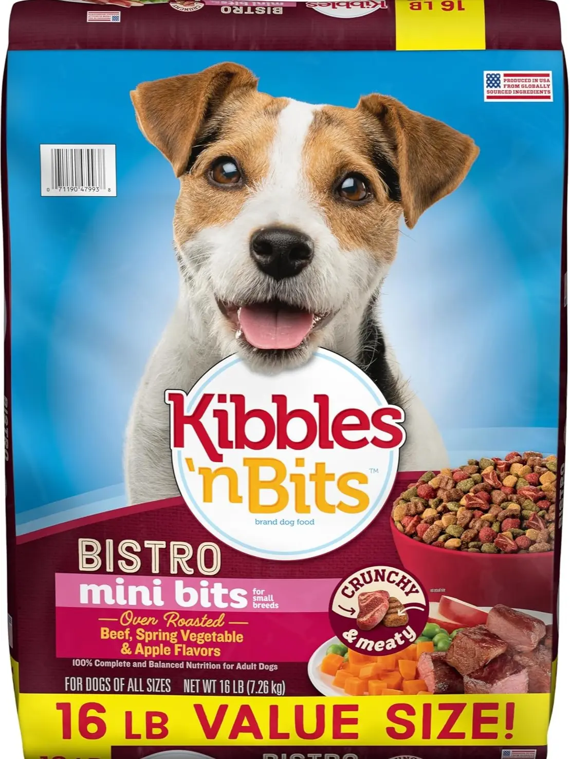 Kibbles 'n Bits Bistro Mini Bits Small Breed Dry Dog Food, Oven Roasted Beef, Spring Vegetable & Apple Flavors for Adult Dogs, 16 lb. Bag