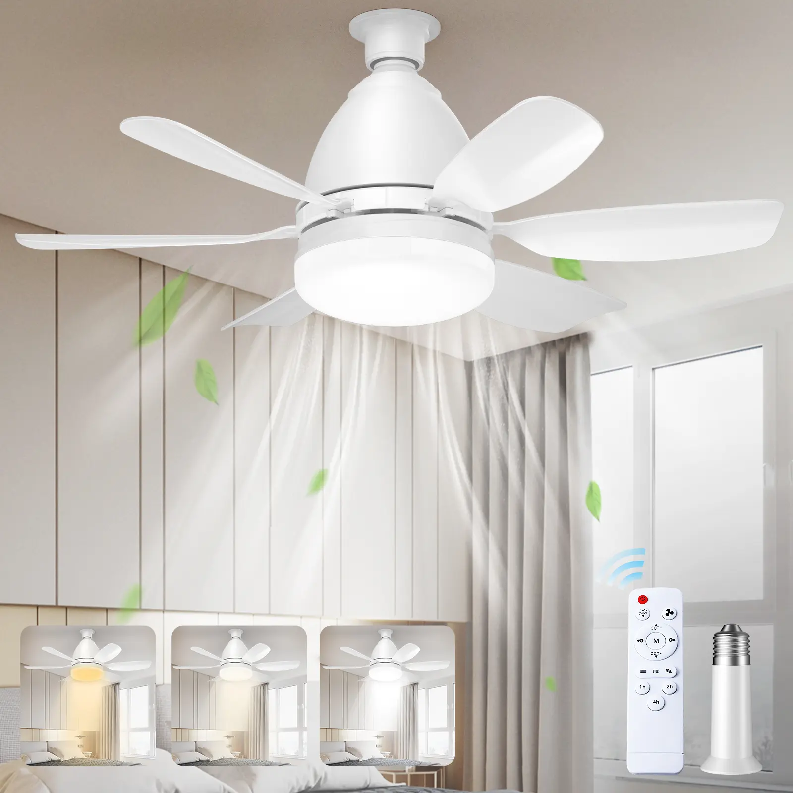 Socket Fan Light Ceiling Fans with Lights and Remote, Dimmable LED 3-Colors 3000K-6500K, 1556 Lumens Light Bulb Screw in Ceiling Fan for Bedroom, Kitchen, Living Room, Closet Led Lighting Fan Home Decoration Lamp
