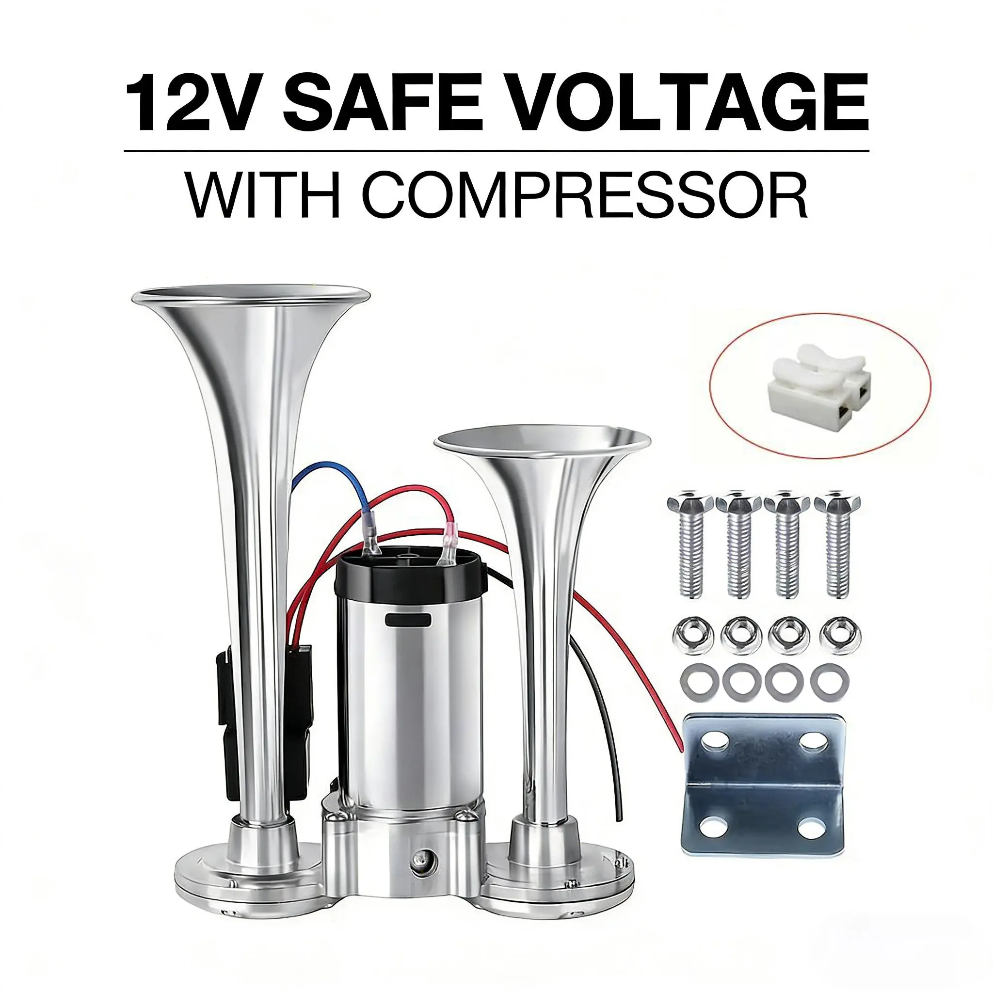 12V Dual Trumpet Air Horn Kit with Mini Compressor – Compact Dual-Tone Electric Horn for Cars, Trucks, SUVs, Motorcycles & Boats