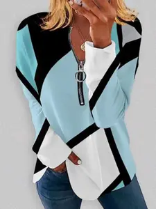 Plus Size Patchwork Geometric Print Zipper T-shirt, Casual Long Sleeve Round Neck Tee for Fall & Winter, Women's Plus Clothing for Daily Wear