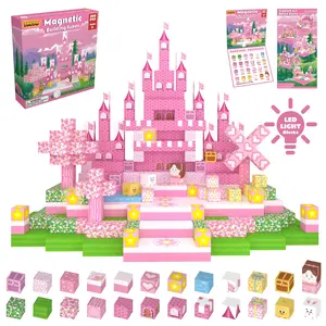 Pink Castle Magnetic World Building Blocks, Creative Building Blocks, Magnetic construction set, 100-piece and 200-piece packs, Magic Castle series, STEM Montessori sensory toy, some blocks light up, suitable for boys and girls, Valentine's Day gift