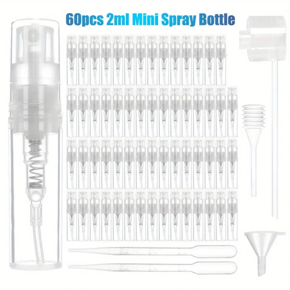 Unisex 60-Piece 2ml Refillable Mini Plastic Perfume Atomizers - Portable Beauty Tool with Soft Mist Press, Travel Empty Bottles for Business Trips & Daily Care, Jewelry Protection Fashion Accessory