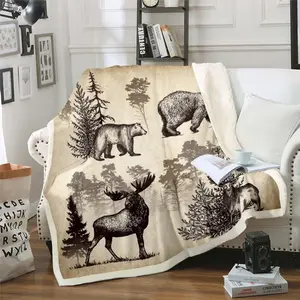 Woodland Animals Blanket Bear Moose Elk Throw Blanket Reindeer Rustic Deer Blanket Country Pine Trees Wildlife Blankets,Vintage Farmhouse Decor