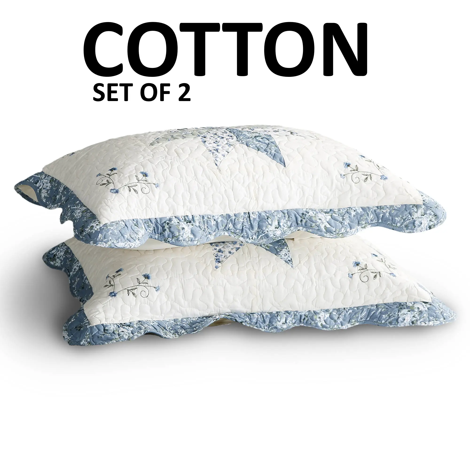 Kasentex 2-Pack 100% Cotton Pillow Sham Set - Quilted Blue and White Floral Motifs, Vermicelli Stitch, Soft, Skin-Friendly, Durable, Machine Washable, OEKO-TEX Certified, Hypoallergenic Fill Compatible - Standard, Queen/King Bedding Decor Pillowcases, War