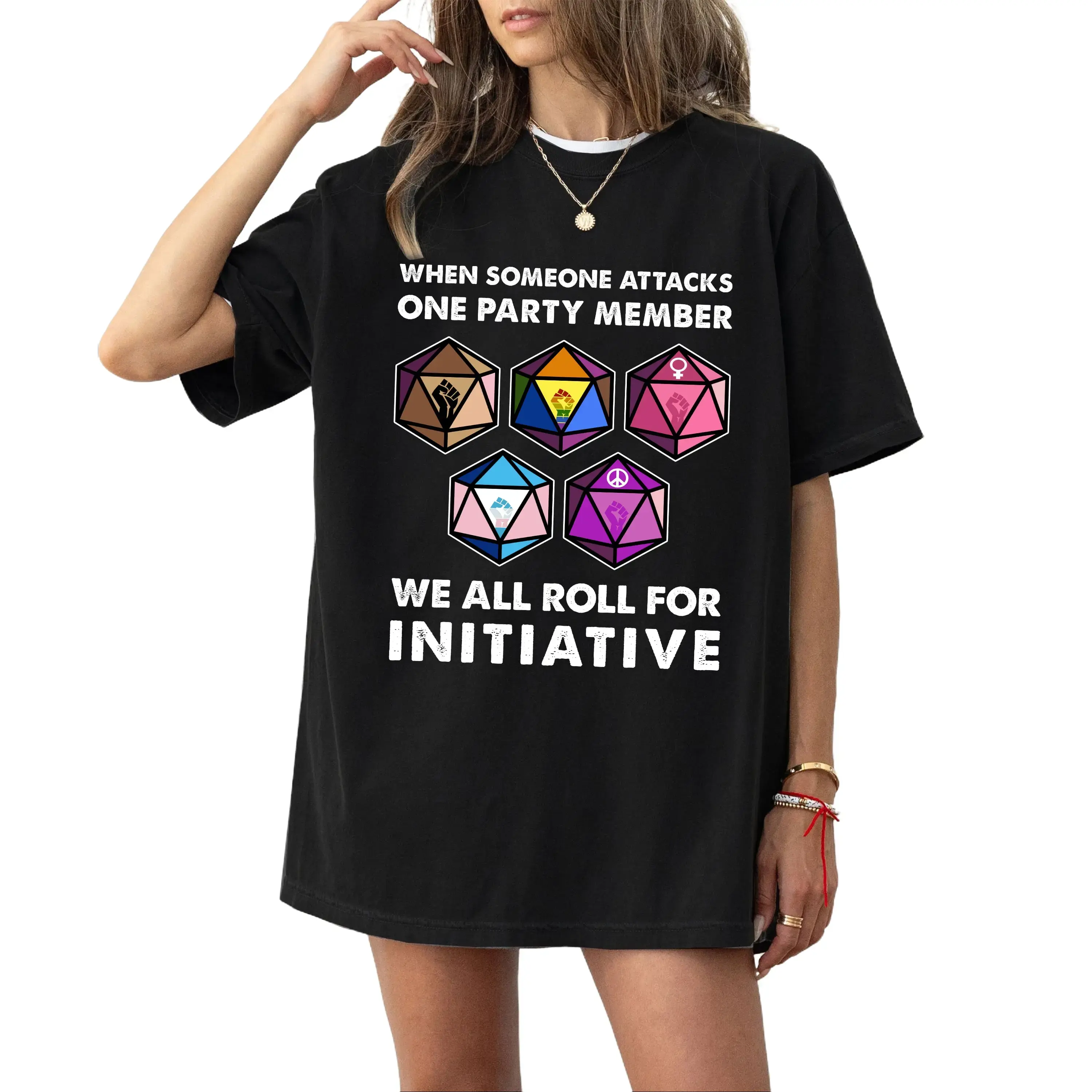 Women's Dungeons & Dragons "We All Roll for Initiative" Funny Meme Vintage T-Shirt, D&D Gamer Gift Top for Women