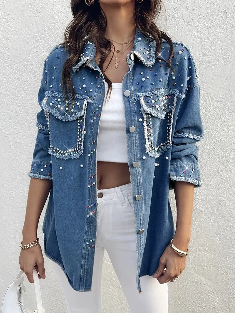 Women's Petite Casual Denim Jacket - Structured Look Tops, All-Seasons Day-to-Night Layering Coats Garment, Basic Sleeve Design, Machine Washable