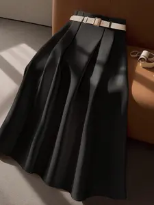 Elegant Chic Women's High Waist A-Line Woven Fabric Skirt with Belt, Comfortable Fitted Slim Fit Design, Perfect for Office & Special Occasions, Versatile Fashion Piece, Womenswear