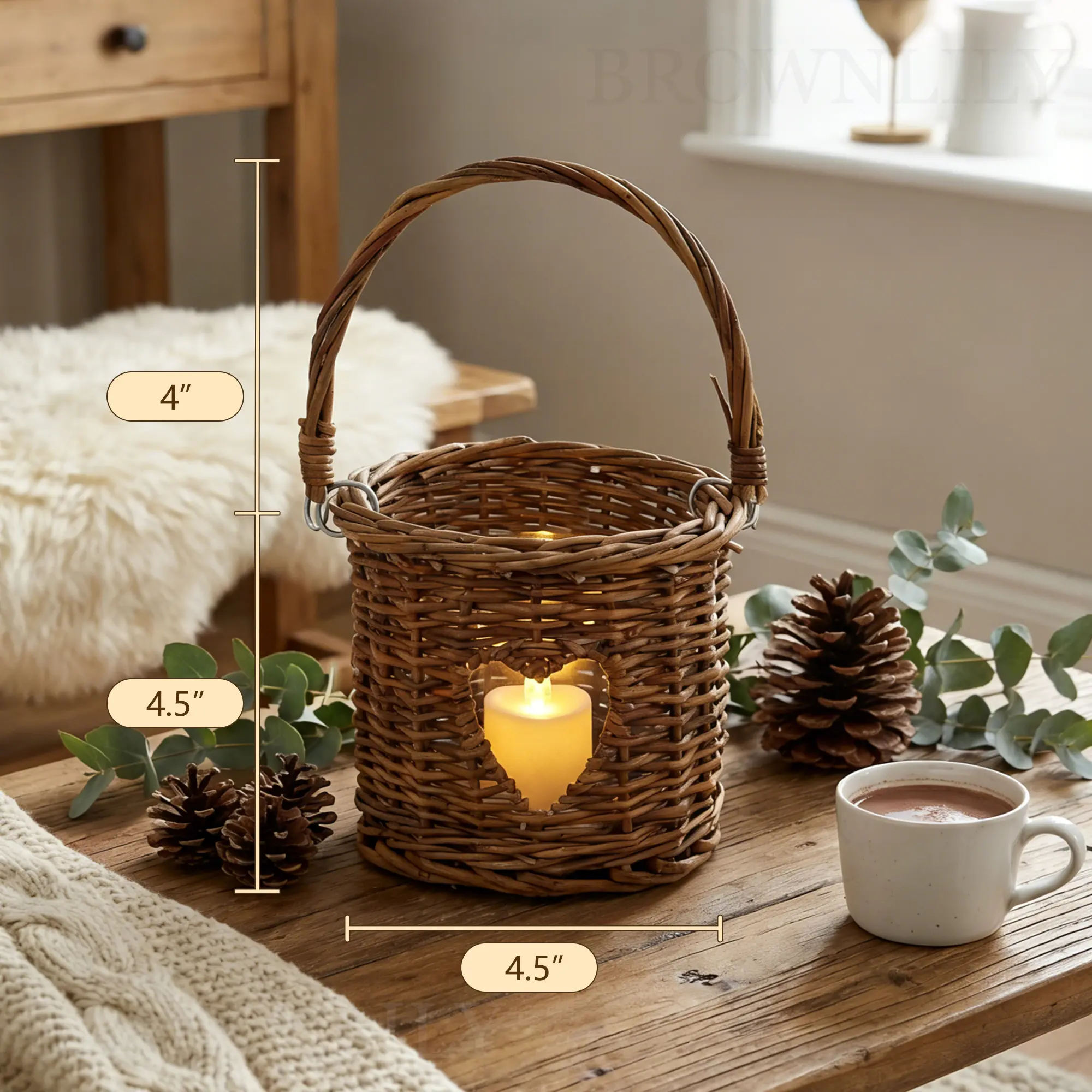 NONAM Handwoven Rattan-Wicker Glass Tealight Candle Holder with LED Flameless Candle - Soft Ambient Light for Cozy Bedroom Nightstand, Tabletop Decor, Rustic Farmhouse Boho Style Gift