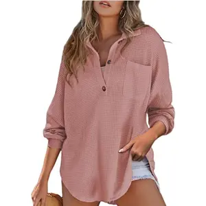 Women’s Waffle Knit Tops Loose Long Sleeve Tops Button Up Henley Shirts V Neck Solid Color Casual Tunic Pullover Tops