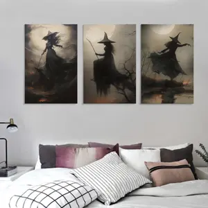 America Brand 2D Flat 3-Piece Canvas Poster Dark Romantic Witch Artwork Halloween Decoration Mysterious Magical Painting Gothic Home Wall Art Perfect for Room Decoration Gift Hanging Easy to Hang UV-Resistant Inks Premium Canvas Artistic Ornaments - Print
