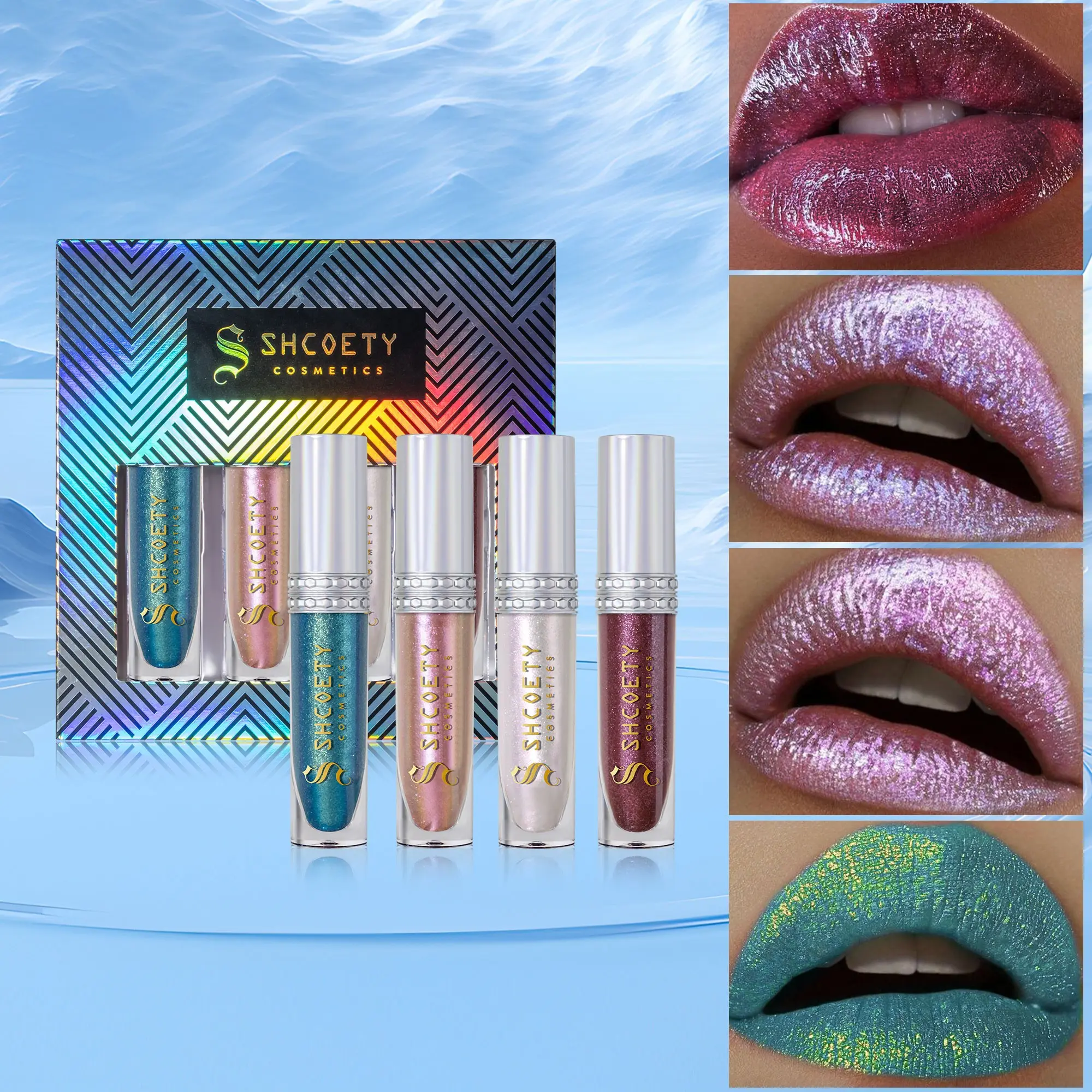 Music Festival Four Color Glitter Lip Gloss Set, Smooth Hydrating Moisturizing Non-Drying, Gift Box Packaging, Self-Use or Gift