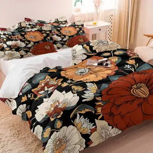 Vintage Flat Painting Autumn Floral Duvet Cover Set & 1-2 Pillowcases No Core, Dahlia Camellia Poppy Burnt Orange & Off-White Color Blocking Design, Decorative Duvet Cover, Soft Skin-Friendly, Retro High-End Bedroom Decor Gift, Comfortable Sleep