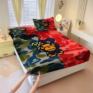3pcs Bape Camouflage Colorblock Print Fitted Sheet Set, Street Style Bedding Set, Comfortable Skin-Friendly, All-Season Use,  Ideal For Bedrooms, Teen Rooms, Apartment Decor & Trendsetters