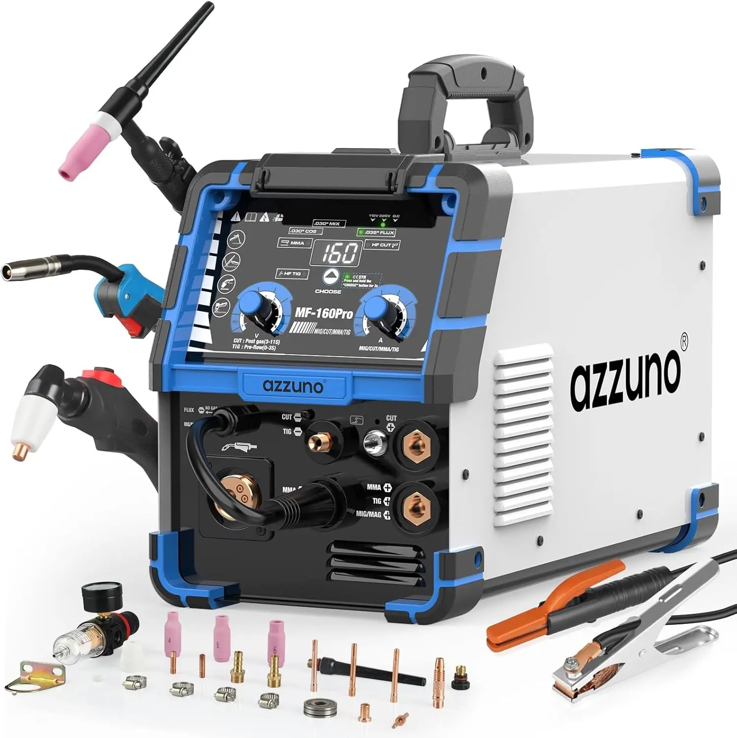 Azzuno 160A 5-in-1 Pulse MIG Welder Full Kit - 40A Plasma Cutter, Stick Welder, Dual Voltage 110V/220V Stainless Steel Metal Complete Welding Kit, Versatile