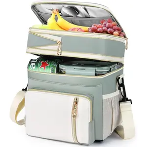 Expandable 16L Large Insulated Lunch Box & Lunch Bag for Women Men Adults, Double Deck Leakproof Durable Cooler Bag with Strap for Work Picnic Beach, Olive Green & White