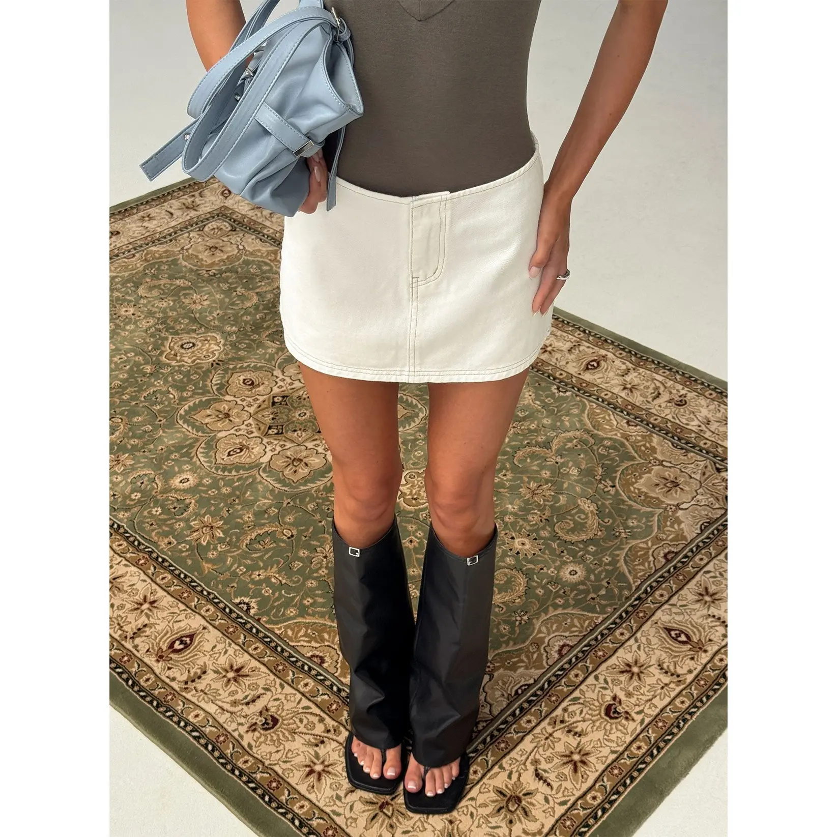 Clementina No Waist Low Rise Denim Mini Skirt White