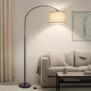 Arc Floor Lamps for Living Room, Modern Standing Lamp with Adjustable Hanging Drum Shade, Tall Pole Lamp with Foot , Over Couch Arched Reading Light for Bedroom, Office (Black)