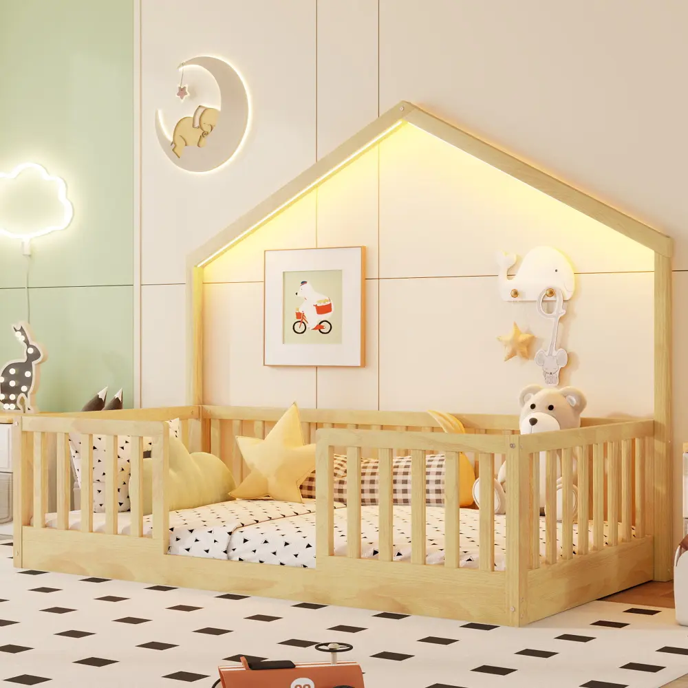 Montessori Twin Pine Wood Floor Toddler Bed - Natural Indoor Furniture with High Rails, Built-In LED Strip Lights for Kids, Floor Bed, Montessori Floor Bed